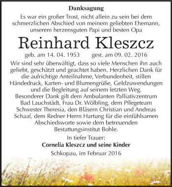 Traueranzeige von Reinhard Kleszcz von Mitteldeutsche Zeitung Merseburg/Querfurt