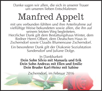 Traueranzeige von Manfred Appelt von WVG - Wochenspiegel Bitterfeld