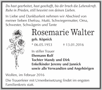 Traueranzeige von Rosemarie Walter von WVG - Wochenspiegel Bitterfeld