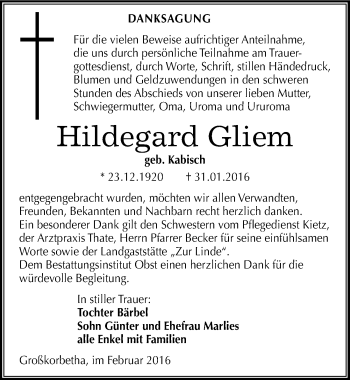 Traueranzeige von Hildegard Gliem von Mitteldeutsche Zeitung Weißenfels