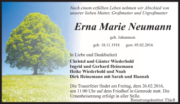 Traueranzeige von Erna Marie Neumann von Super Sonntag Quedlinburg