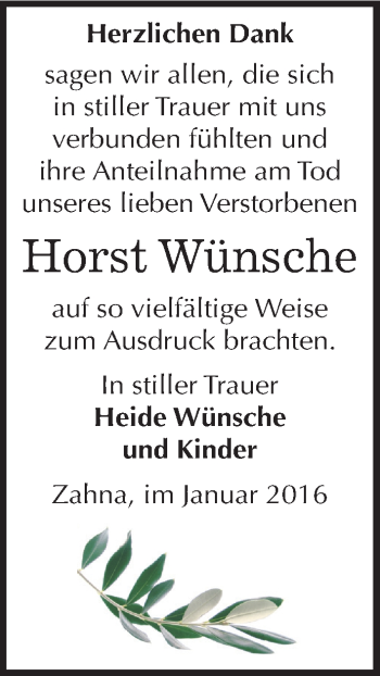 Traueranzeige von Horst Wünsche von Mitteldeutsche Zeitung Wittenberg