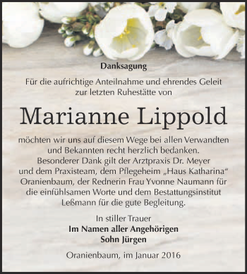 Traueranzeige von Marianne Lippold von WVG - Wochenspiegel Wittenberg