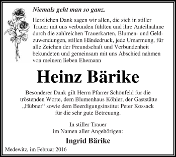 Traueranzeige von Heinz Bärike von WVG - Wochenspiegel Dessau / Köthen