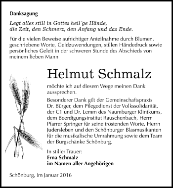 Traueranzeige von Helmut Schmalz von Mitteldeutsche Zeitung Naumburg/Nebra