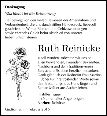 Traueranzeige von Ruth Reinicke von Mitteldeutsche Zeitung Mansfelder Land