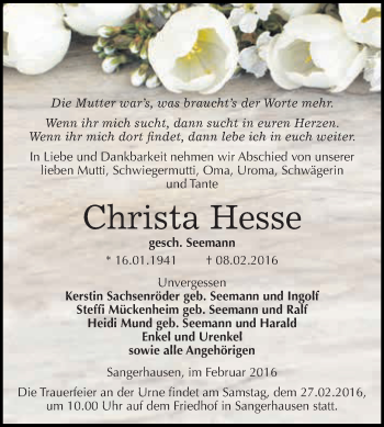 Traueranzeige von Christa Hesse von WVG - Wochenspiegel SGH