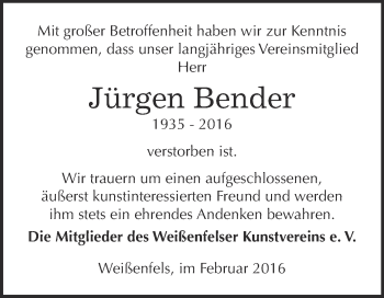 Traueranzeige von Jürgen Bender von WVG - Wochenspiegel NMB / WSF / ZTZ