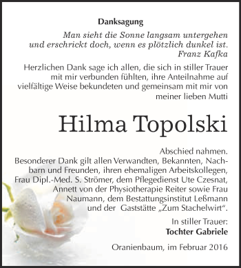 Traueranzeige von Hilma Topolski von WVG - Wochenspiegel Wittenberg