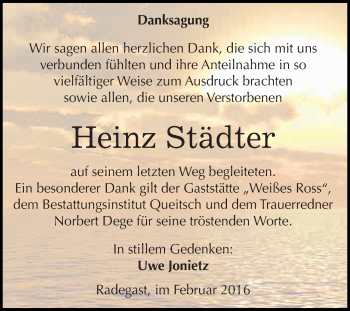 Traueranzeige von Heinz Städter von WVG - Wochenspiegel Dessau / Köthen
