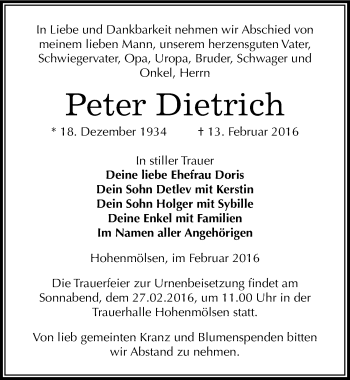 Traueranzeige von Peter Dietrich von Mitteldeutsche Zeitung Weißenfels