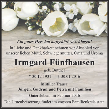 Traueranzeige von Irmgard Fünfhausen von Super Sonntag Aschersleben