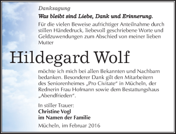 Traueranzeige von Hildegard Wolf von Mitteldeutsche Zeitung Merseburg/Querfurt