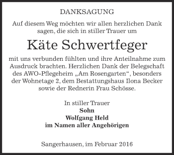 Traueranzeige von Käte Schwertfeger von Super Sonntag SGH Mansf. Land