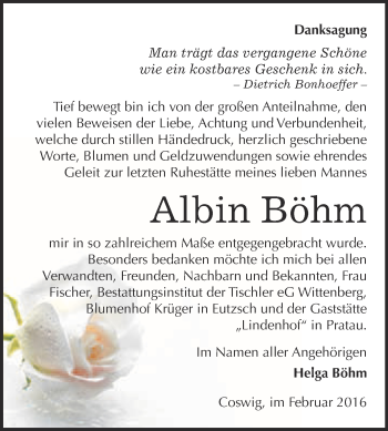 Traueranzeige von Albin Böhm von WVG - Wochenspiegel Wittenberg