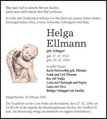 Traueranzeige von Helga Ellmann von Super Sonntag SGH Mansf. Land