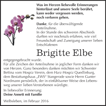 Traueranzeige von Brigitte Elbe von Wochenspiegel Mansfelder Land