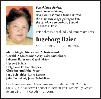 Traueranzeige von Ingeborg Baier von Mitteldeutsche Zeitung Köthen