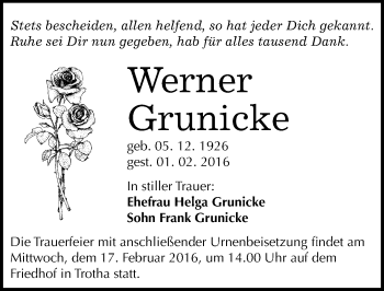 Traueranzeige von Werner Grunicke von Mitteldeutsche Zeitung Halle/Saalkreis