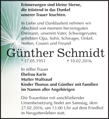Traueranzeige von Günther Schmidt von Mitteldeutsche Zeitung Bernburg