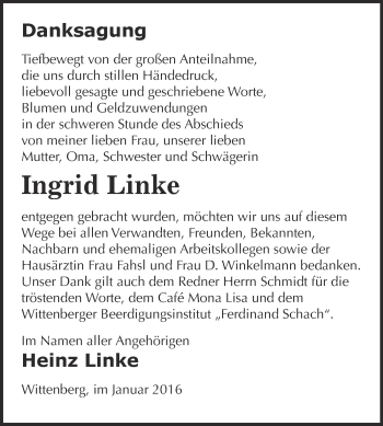 Traueranzeige von Ingrid Linke von WVG - Wochenspiegel Wittenberg
