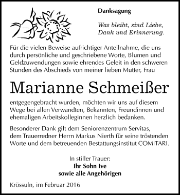 Traueranzeige von Marianne Schmeißer von Mitteldeutsche Zeitung Weißenfels