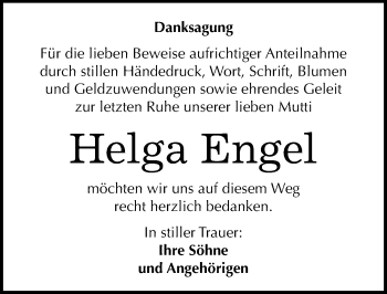 Traueranzeige von Helga Engel von Mitteldeutsche Zeitung Mansfelder Land