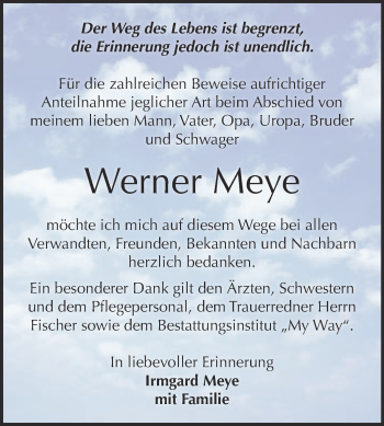 Traueranzeige von Werner Meye von WVG - Wochenspiegel NMB / WSF / ZTZ