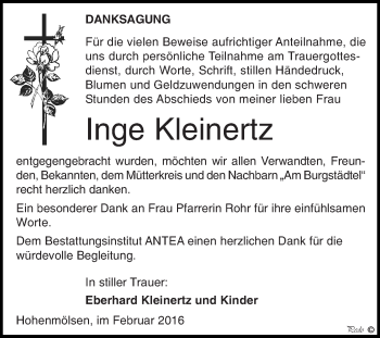 Traueranzeige von Inge Kleinertz von WVG - Wochenspiegel NMB / WSF / ZTZ