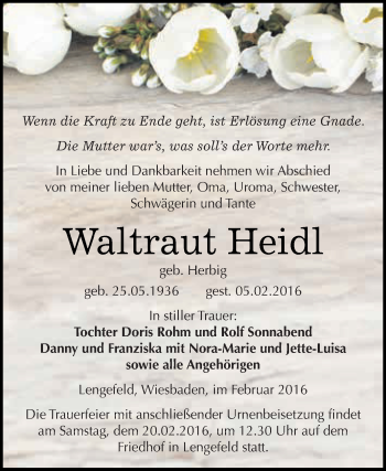 Traueranzeige von Waltraut Heidl von Super Sonntag SGH Mansf. Land