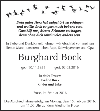 Traueranzeige von Burghard Bock von Super Sonntag Aschersleben