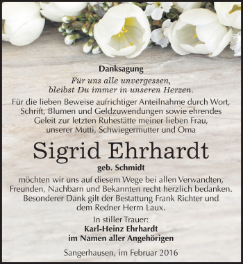 Traueranzeige von Sigrid Ehrhardt von Mitteldeutsche Zeitung Sangerhausen