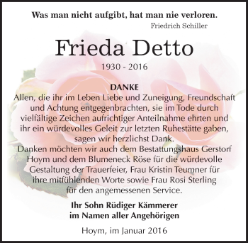 Traueranzeige von Frieda Detto von Mitteldeutsche Zeitung Aschersleben