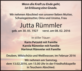 Traueranzeige von Jutta Rümmler von Mitteldeutsche Zeitung Weißenfels