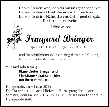 Traueranzeige von Irmgard Bringer von Mitteldeutsche Zeitung Quedlinburg