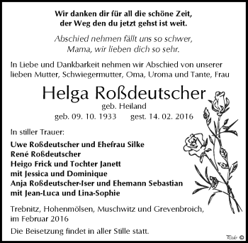 Traueranzeige von Helga Roßdeutscher von Mitteldeutsche Zeitung Weißenfels