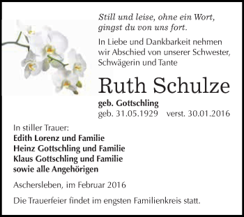 Traueranzeige von Ruth Schulze von Super Sonntag Aschersleben