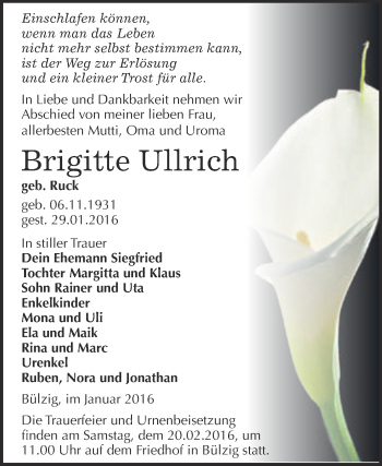 Traueranzeige von Brigitte Ullrich von WVG - Wochenspiegel Wittenberg