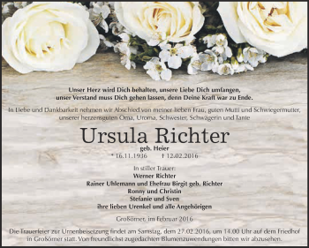 Traueranzeige von Ursula Richter von Super Sonntag SGH Mansf. Land
