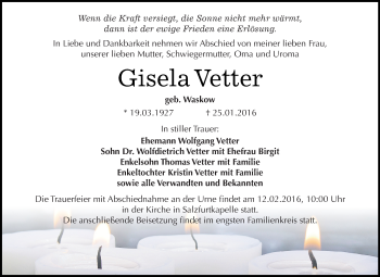 Traueranzeige von Gisela Vetter von WVG - Wochenspiegel Bitterfeld