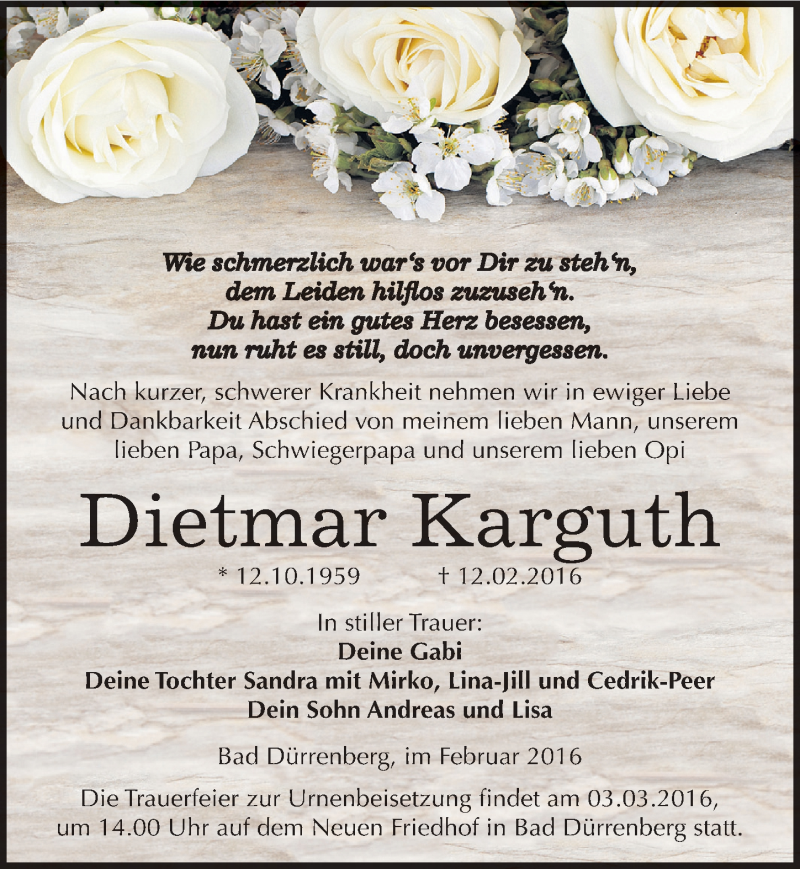  Traueranzeige für Dietmar Karguth vom 20.02.2016 aus Mitteldeutsche Zeitung Merseburg/Querfurt