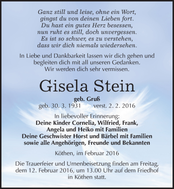 Traueranzeige von Gisela Stein von Mitteldeutsche Zeitung Köthen