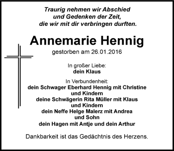 Traueranzeige von Annemarie Hennig von Mitteldeutsche Zeitung Quedlinburg