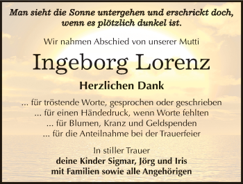 Traueranzeige von Ingeborg Lorenz von Mitteldeutsche Zeitung Weißenfels