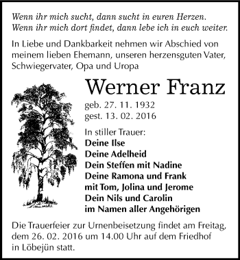 Traueranzeige von Werner Franz von Mitteldeutsche Zeitung Halle/Saalkreis