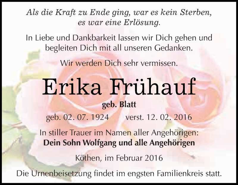  Traueranzeige für Erika Frühauf vom 20.02.2016 aus WVG - Wochenspiegel Dessau / Köthen