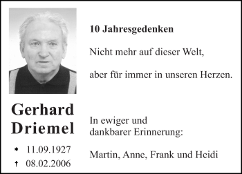 Traueranzeige von Gerhard Driemel von Super Sonntag Merseburg