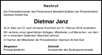 Traueranzeige von Dietmar Janz von Mitteldeutsche Zeitung Mansfelder Land