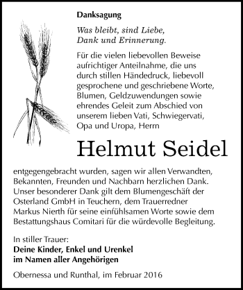 Traueranzeige von Helmut Seidel von Mitteldeutsche Zeitung Weißenfels