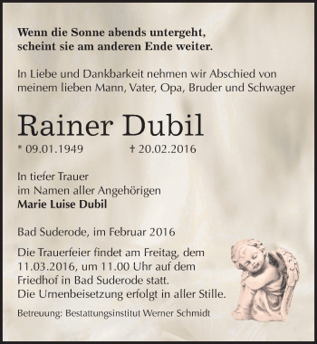 Traueranzeige von Rainer Dubil von Mitteldeutsche Zeitung Quedlinburg